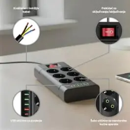 Produžni sa 6 mesta 2m 1.5mm2+pr. 4xUSB+2xtip C Prosto