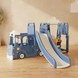 Dečiji plavi vozić sa toboganom, ljuljaškom i ostavom za igračke