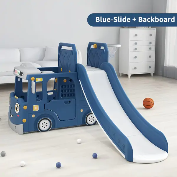 Dečiji plavi vozić sa toboganom, košem i ostavom za igračke